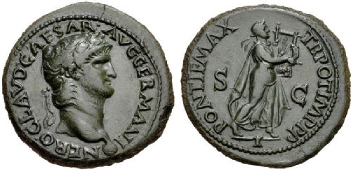 Portrait head of Nero on a coin. Reverse side he is playing a lyre.